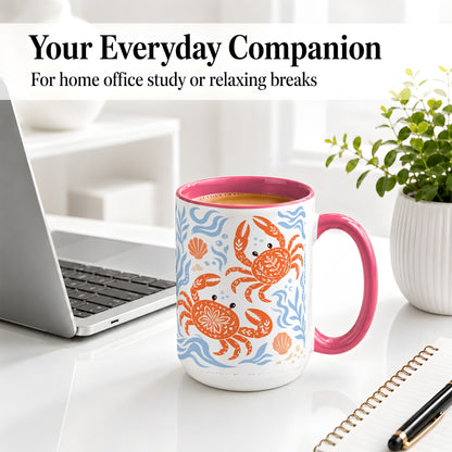 #pl[15oz|Pink] Folk Art Crab Ceramic Mug, Coastal Sea Life Art for Ocean Lovers