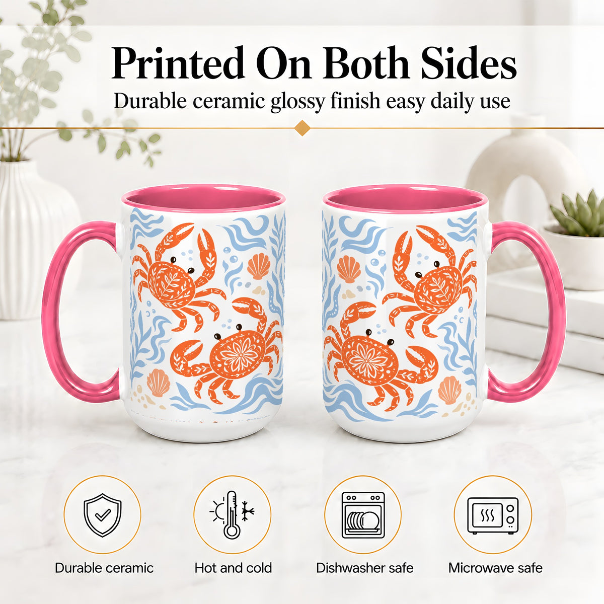 #pl[15oz|Pink] Folk Art Crab Ceramic Mug, Coastal Sea Life Art for Ocean Lovers