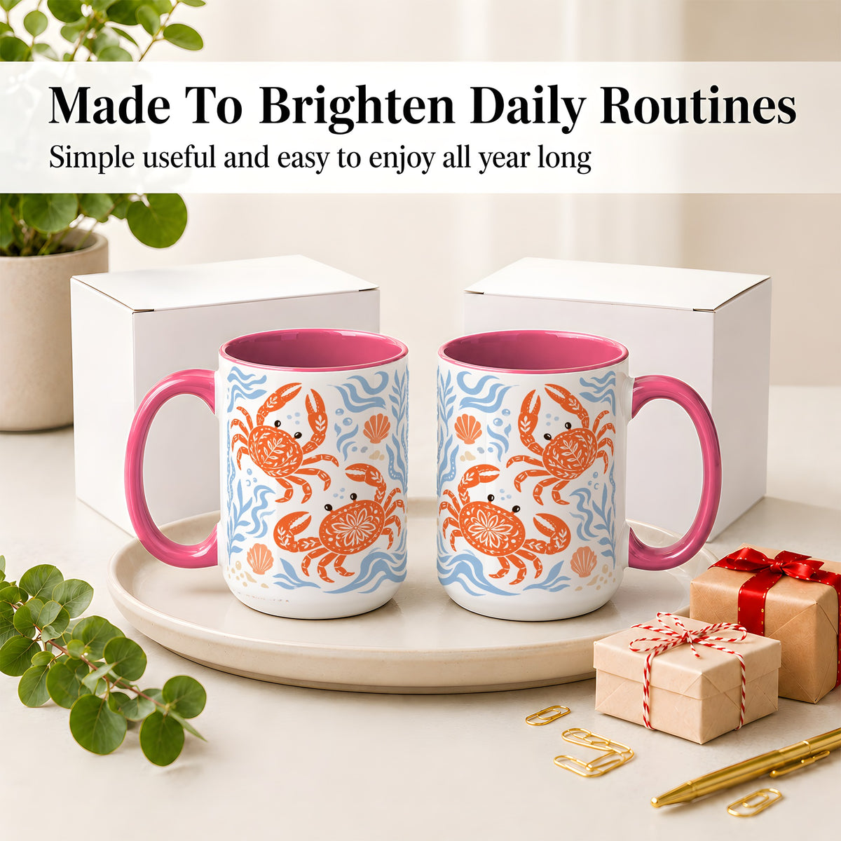 #pl[15oz|Pink] Folk Art Crab Ceramic Mug, Coastal Sea Life Art for Ocean Lovers