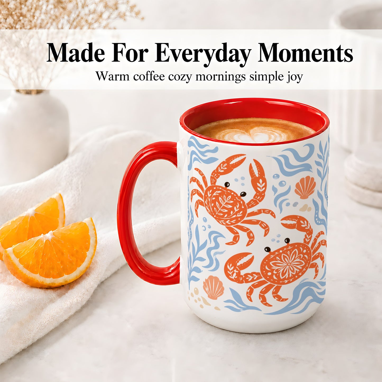#pl[15oz|Red] Folk Art Crab Ceramic Mug, Coastal Sea Life Art for Ocean Lovers