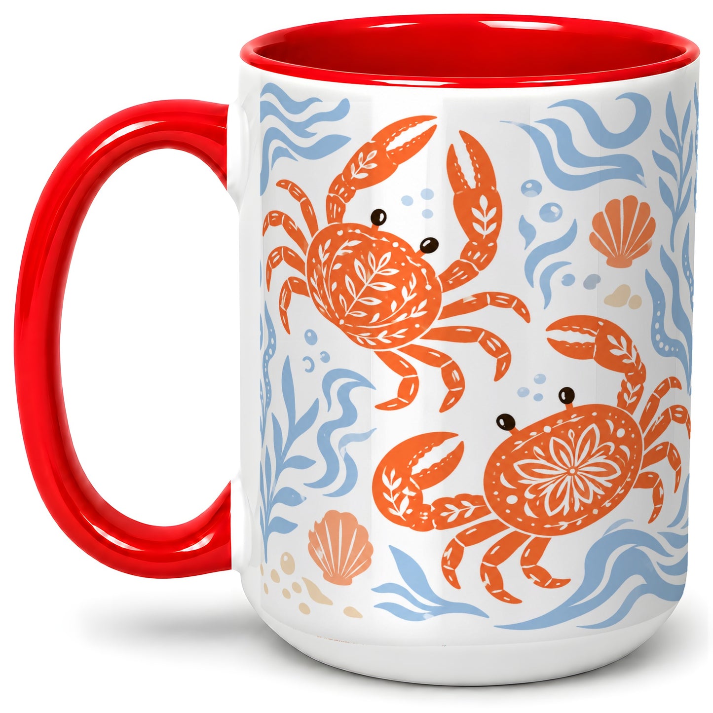 #pl[15oz|Red] Folk Art Crab Ceramic Mug, Coastal Sea Life Art for Ocean Lovers