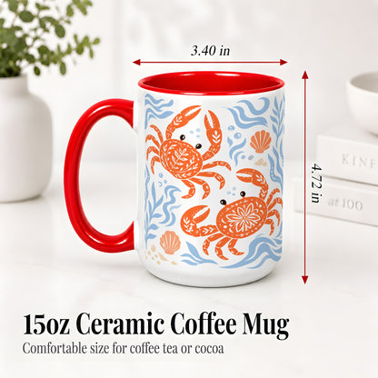 #pl[15oz|Red] Folk Art Crab Ceramic Mug, Coastal Sea Life Art for Ocean Lovers