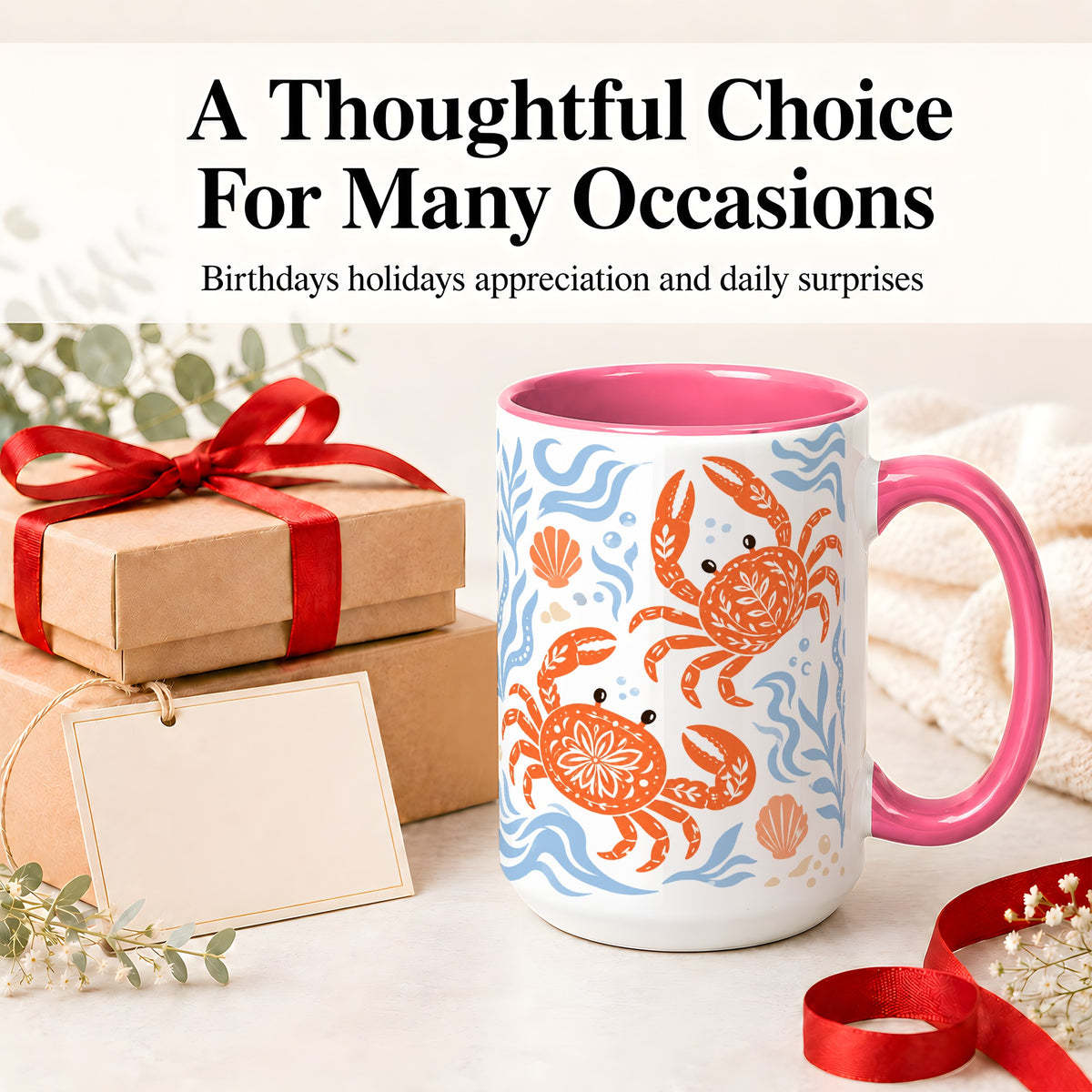 #pl[15oz|Pink] Folk Art Crab Ceramic Mug, Coastal Sea Life Art for Ocean Lovers