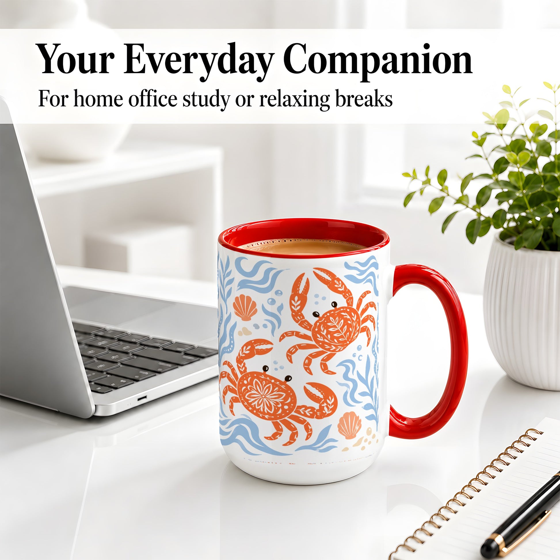 #pl[15oz|Red] Folk Art Crab Ceramic Mug, Coastal Sea Life Art for Ocean Lovers