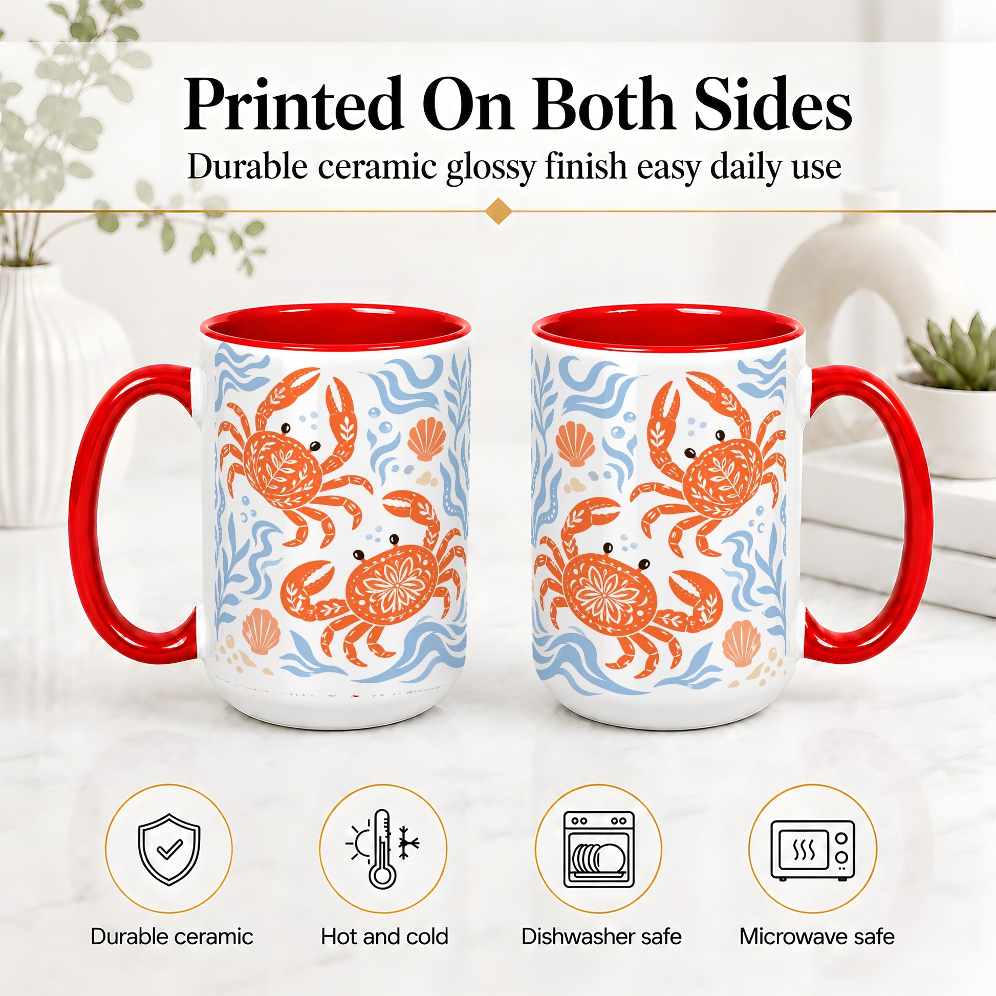 #pl[15oz|Red] Folk Art Crab Ceramic Mug, Coastal Sea Life Art for Ocean Lovers