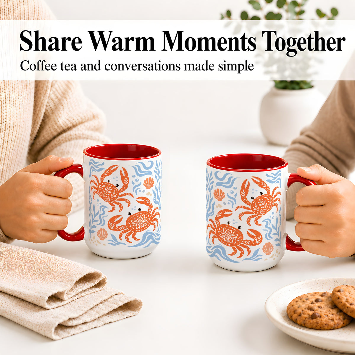 #pl[15oz|Red] Folk Art Crab Ceramic Mug, Coastal Sea Life Art for Ocean Lovers