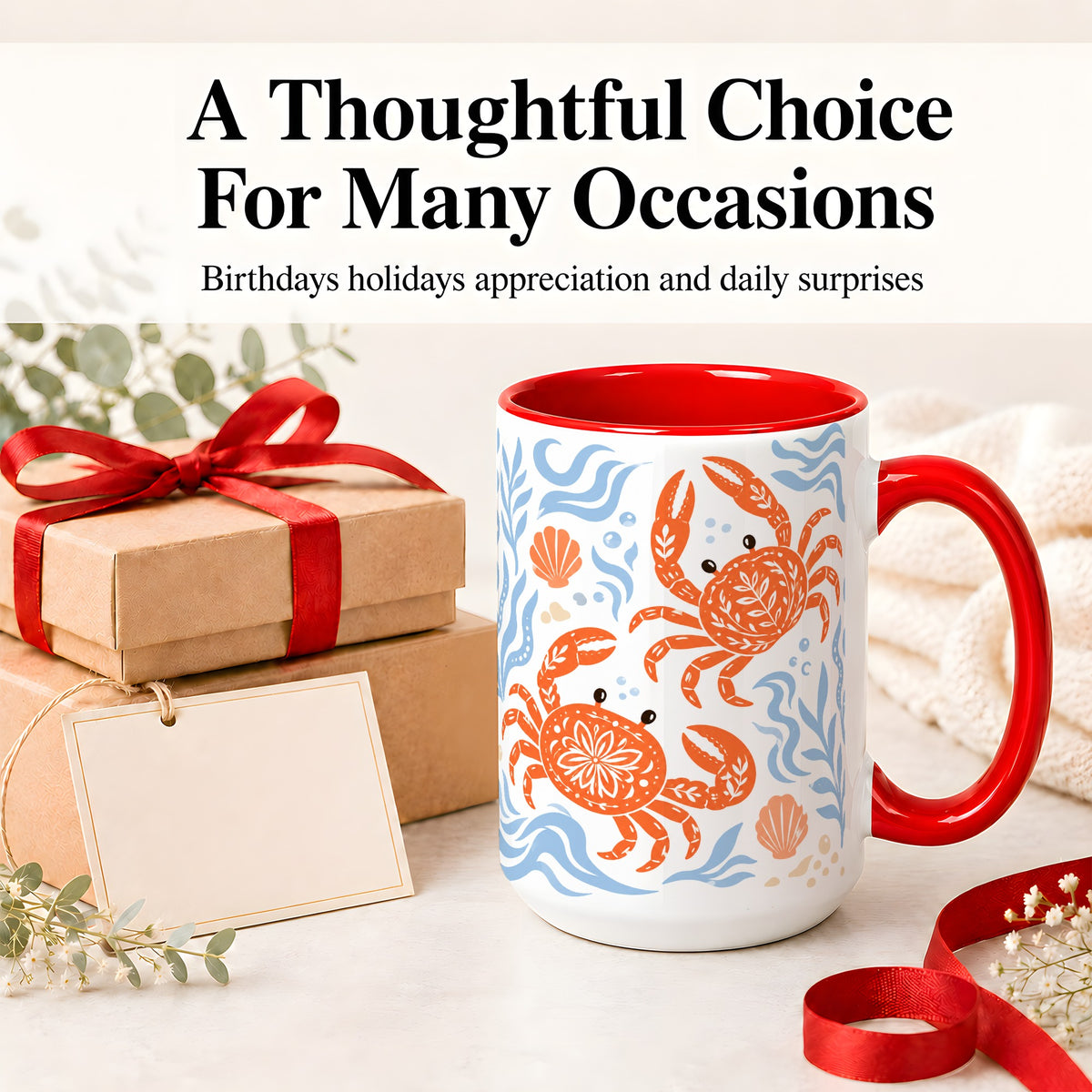 #pl[15oz|Red] Folk Art Crab Ceramic Mug, Coastal Sea Life Art for Ocean Lovers