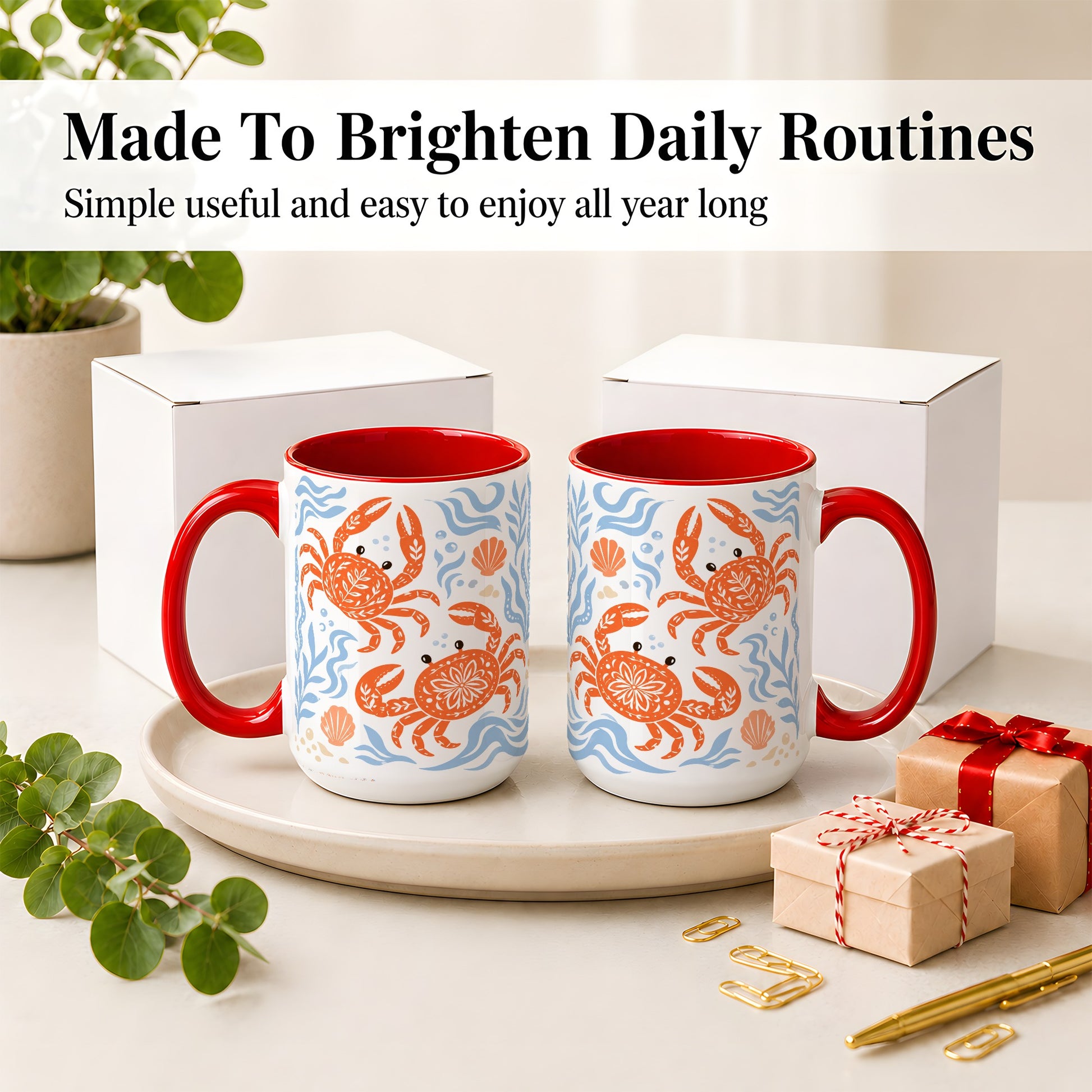 #pl[15oz|Red] Folk Art Crab Ceramic Mug, Coastal Sea Life Art for Ocean Lovers