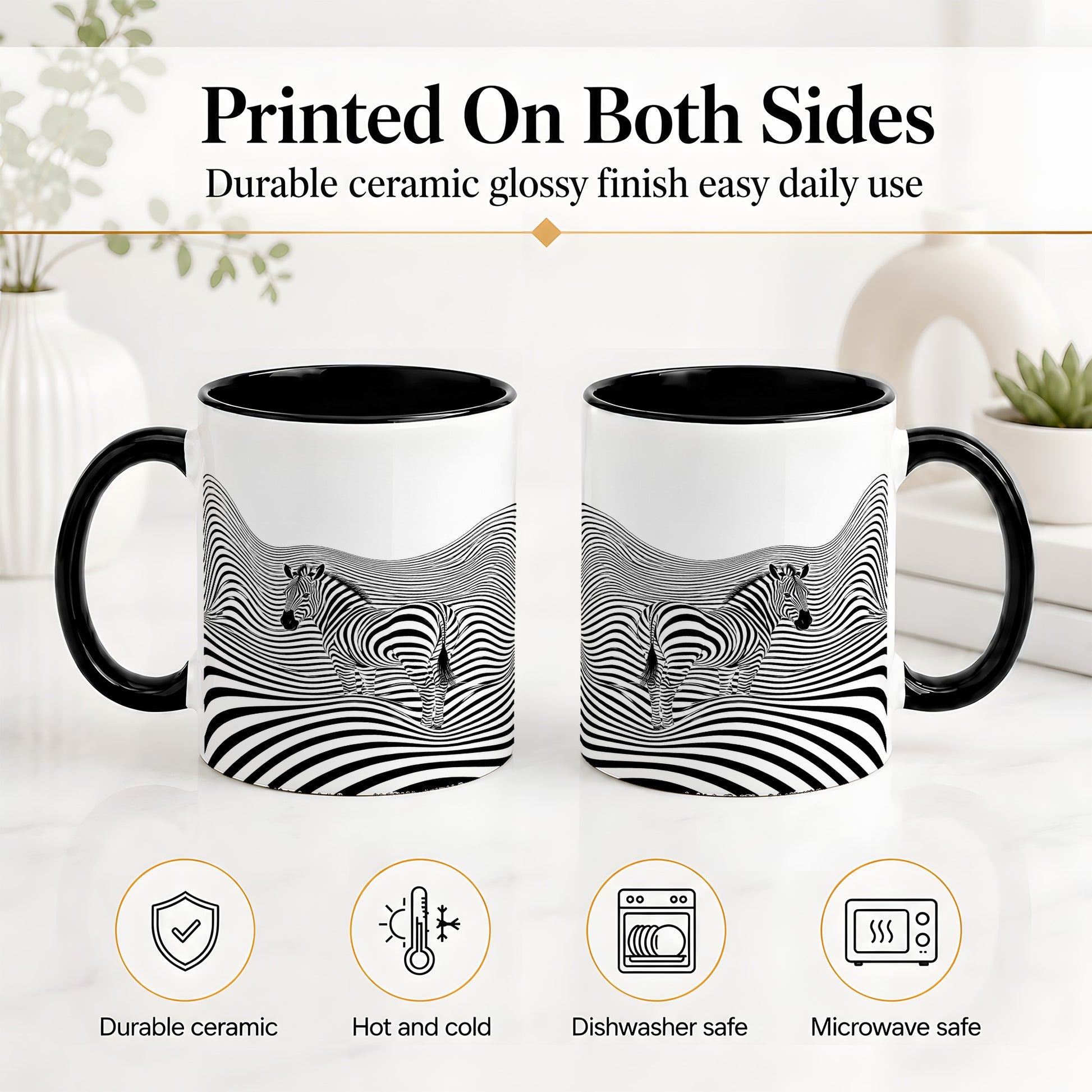 #pl[11oz|Black] Optical Zebra Ceramic Mug, Black White Wave Art for Animal Lovers