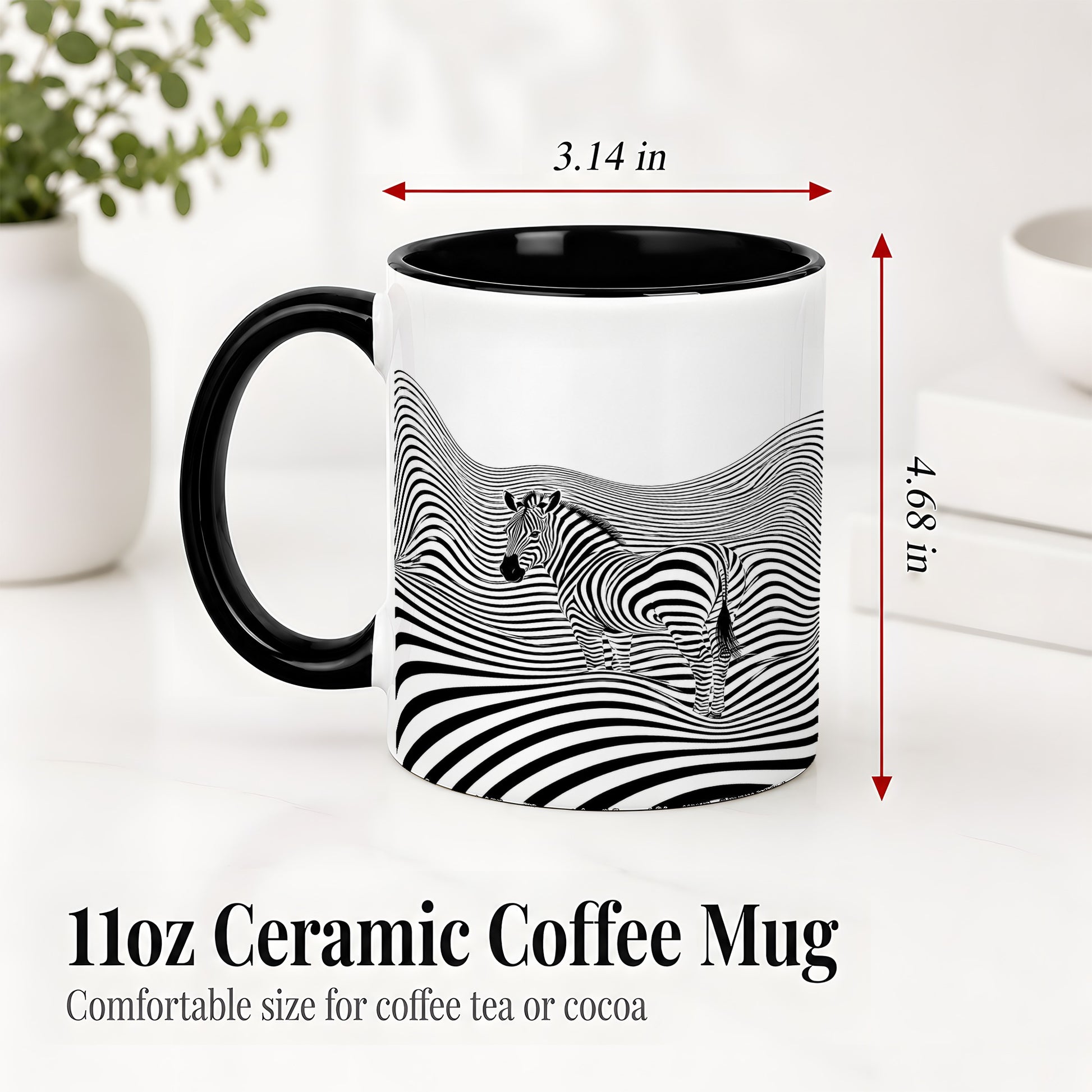#pl[11oz|Black] Optical Zebra Ceramic Mug, Black White Wave Art for Animal Lovers