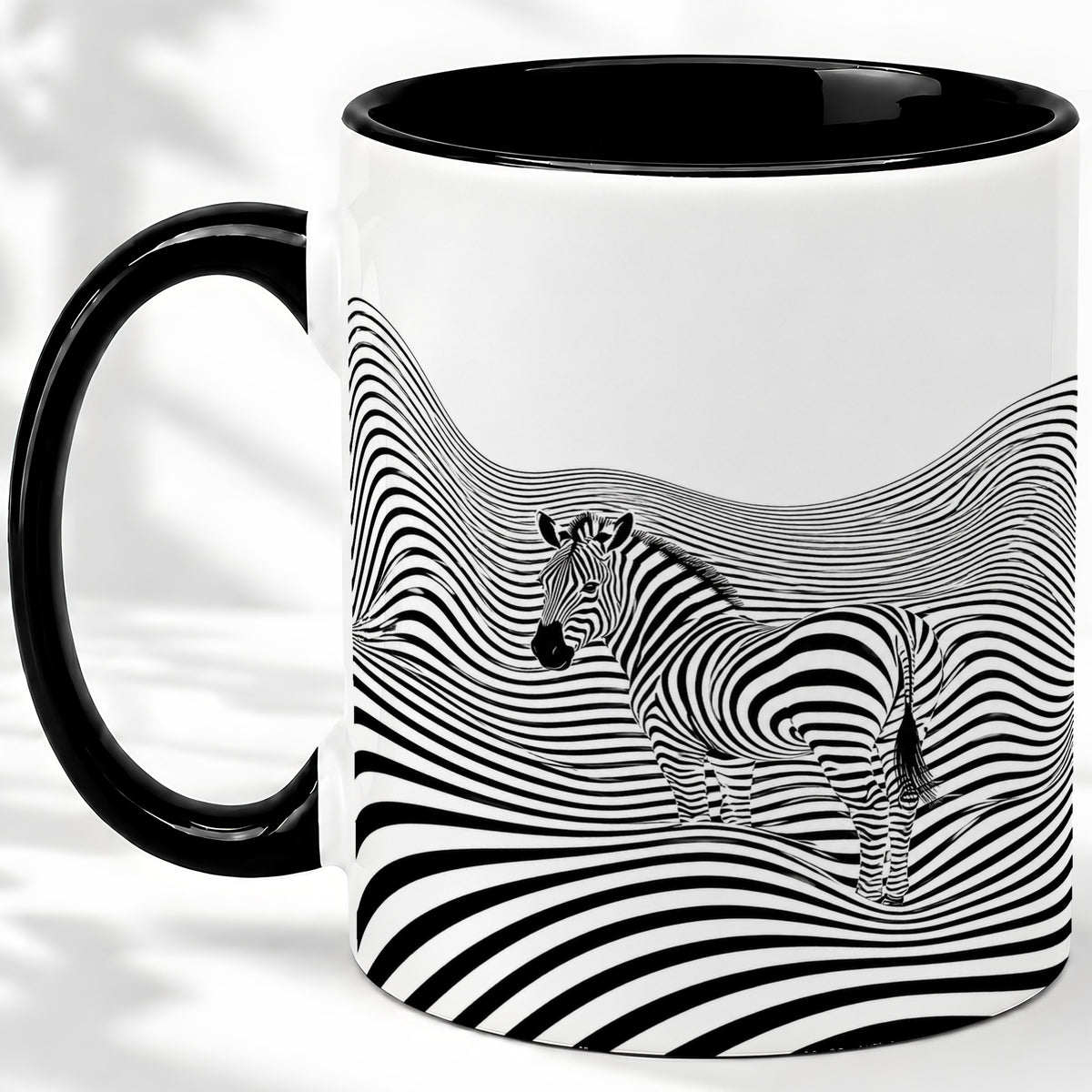 #pl[11oz|Black] Optical Zebra Ceramic Mug, Black White Wave Art for Animal Lovers