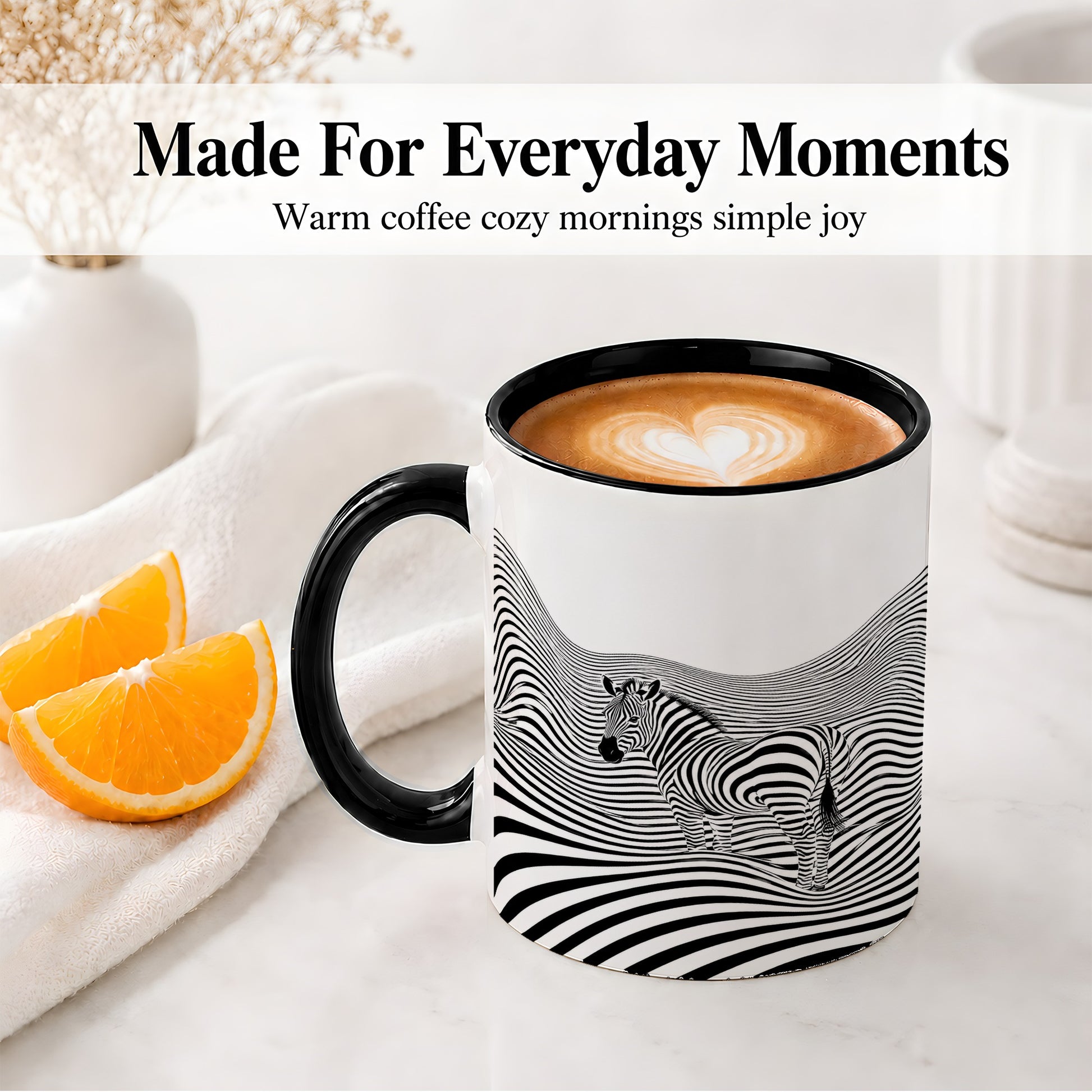 #pl[11oz|Black] Optical Zebra Ceramic Mug, Black White Wave Art for Animal Lovers