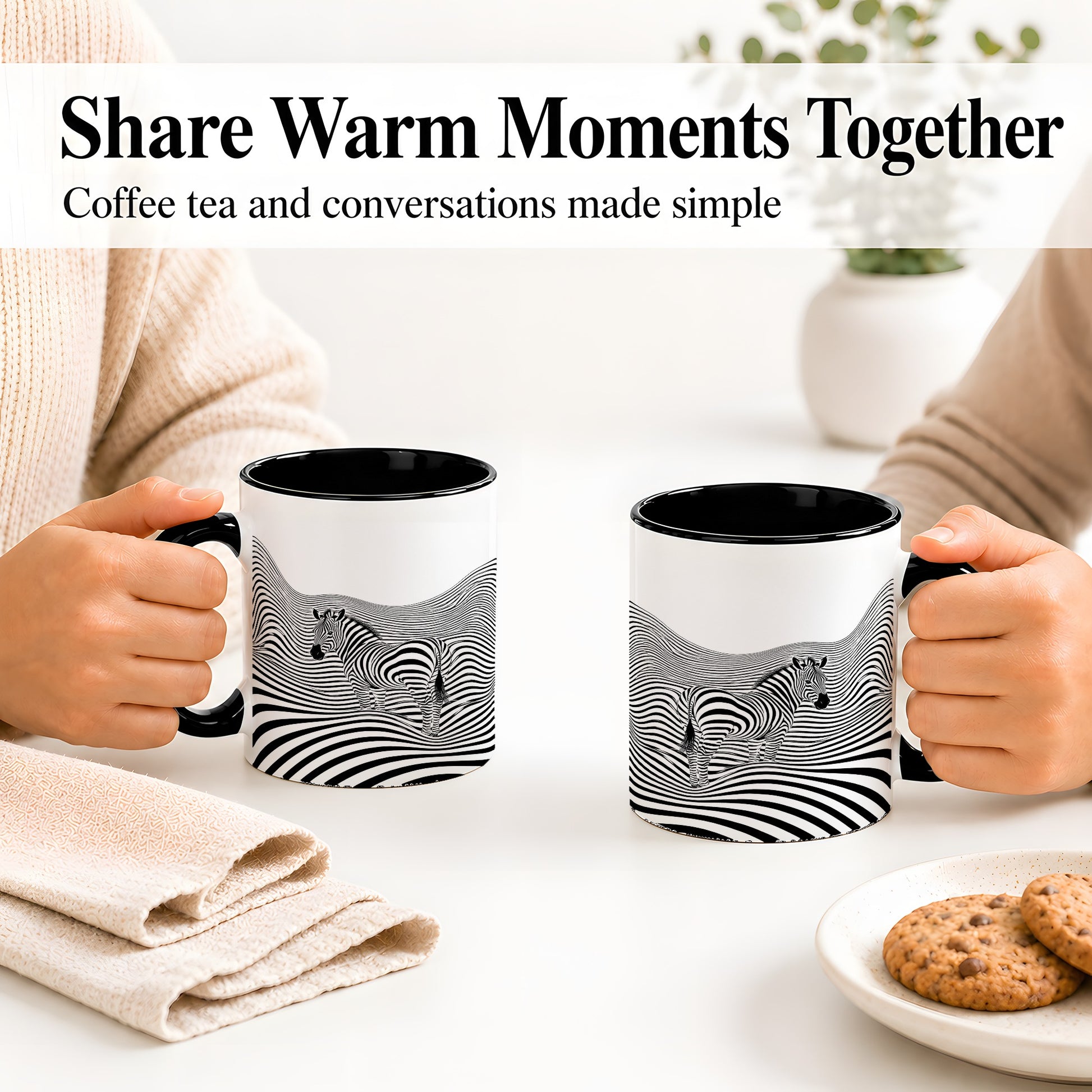 #pl[11oz|Black] Optical Zebra Ceramic Mug, Black White Wave Art for Animal Lovers