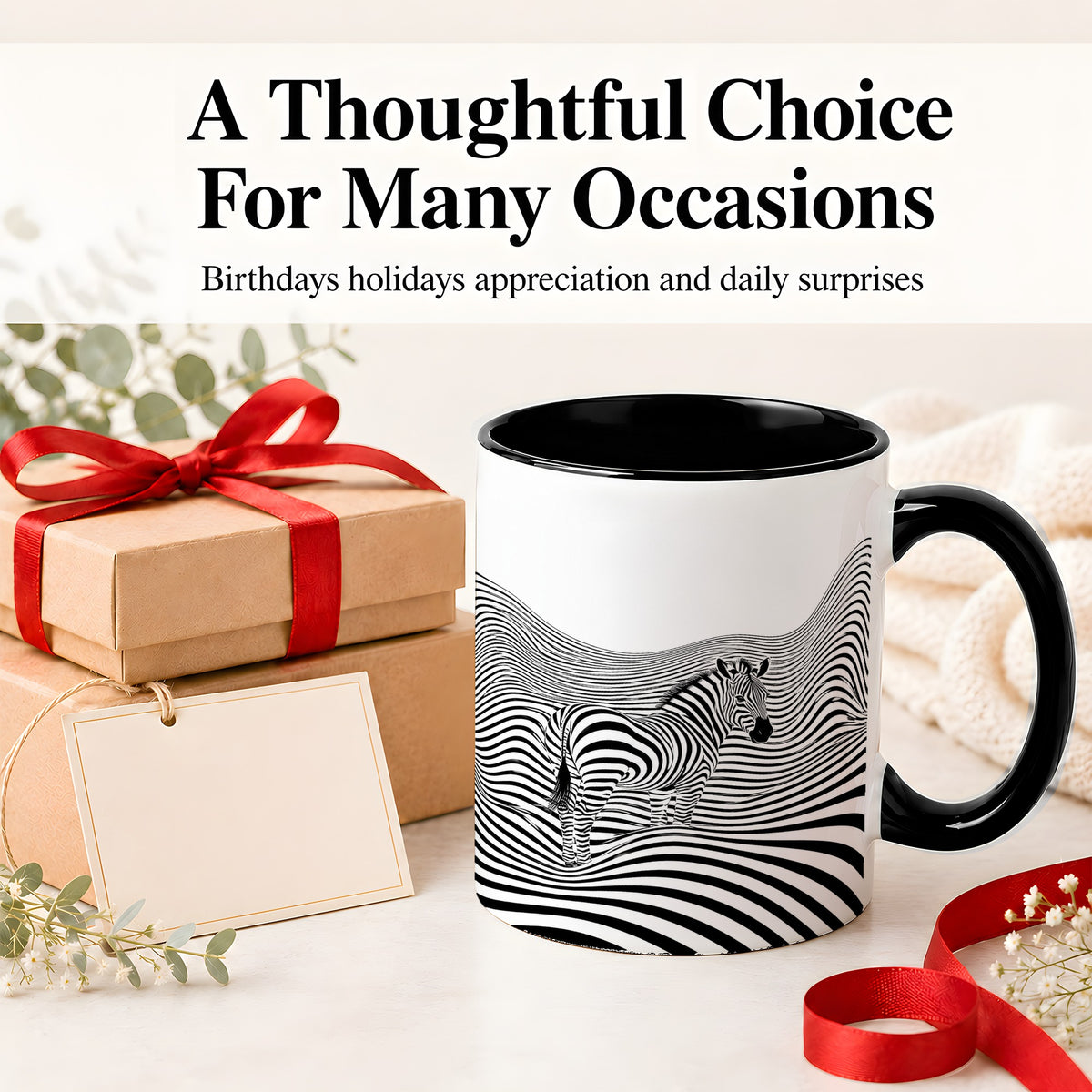 #pl[11oz|Black] Optical Zebra Ceramic Mug, Black White Wave Art for Animal Lovers
