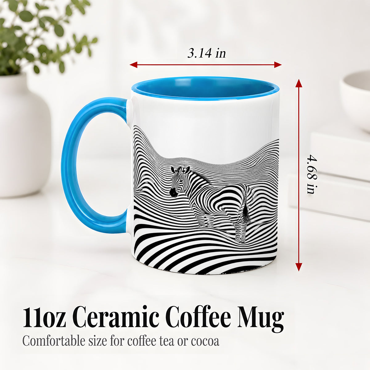 #pl[11oz|Blue] Optical Zebra Ceramic Mug, Black White Wave Art for Animal Lovers