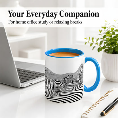 #pl[11oz|Blue] Optical Zebra Ceramic Mug, Black White Wave Art for Animal Lovers