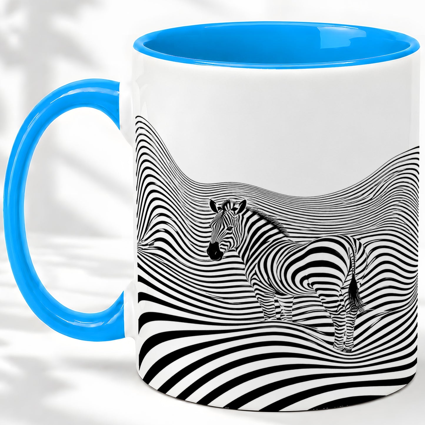 #pl[11oz|Blue] Optical Zebra Ceramic Mug, Black White Wave Art for Animal Lovers