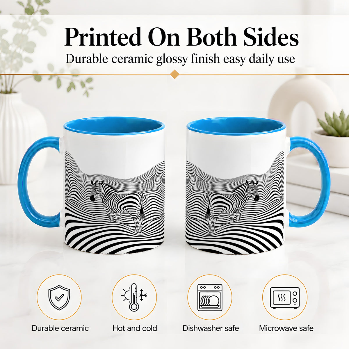 #pl[11oz|Blue] Optical Zebra Ceramic Mug, Black White Wave Art for Animal Lovers