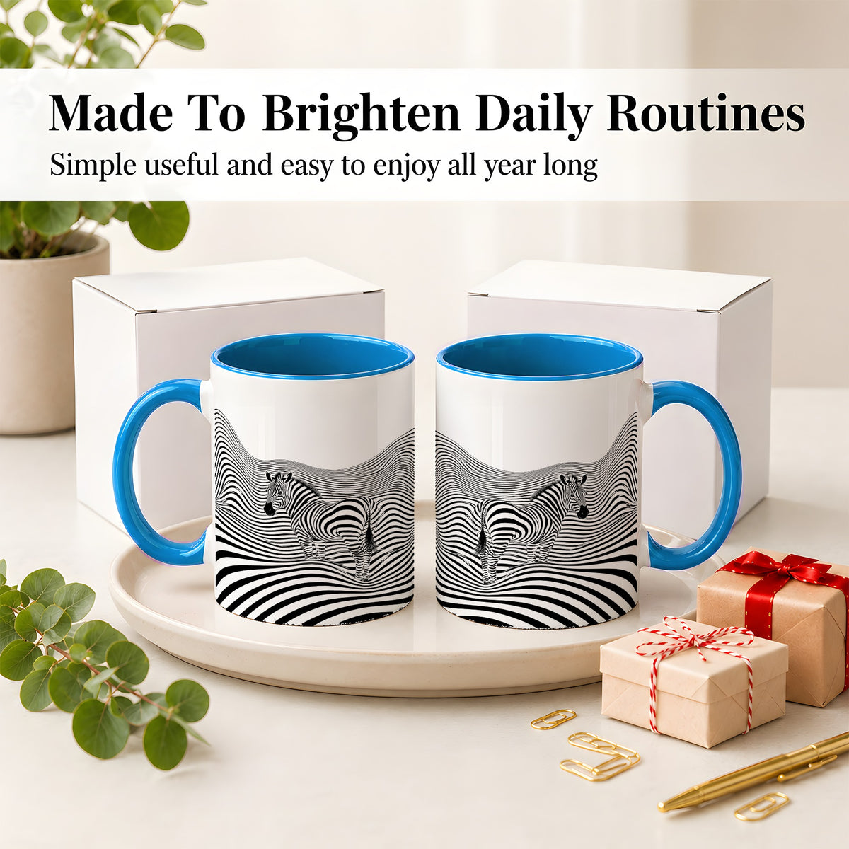 #pl[11oz|Blue] Optical Zebra Ceramic Mug, Black White Wave Art for Animal Lovers