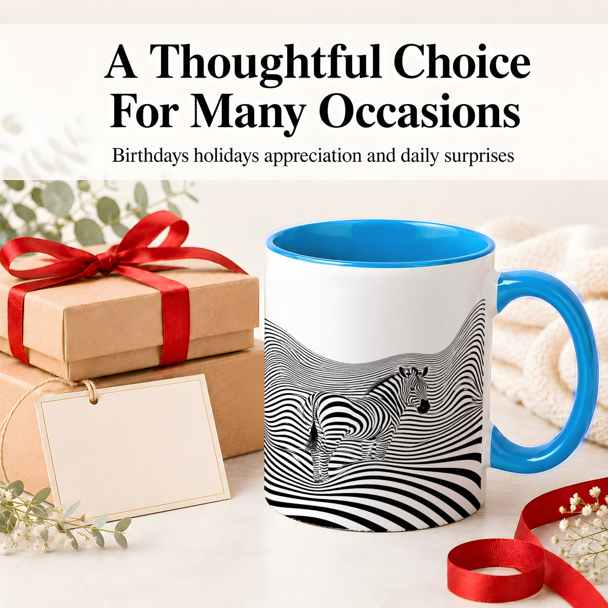 #pl[11oz|Blue] Optical Zebra Ceramic Mug, Black White Wave Art for Animal Lovers