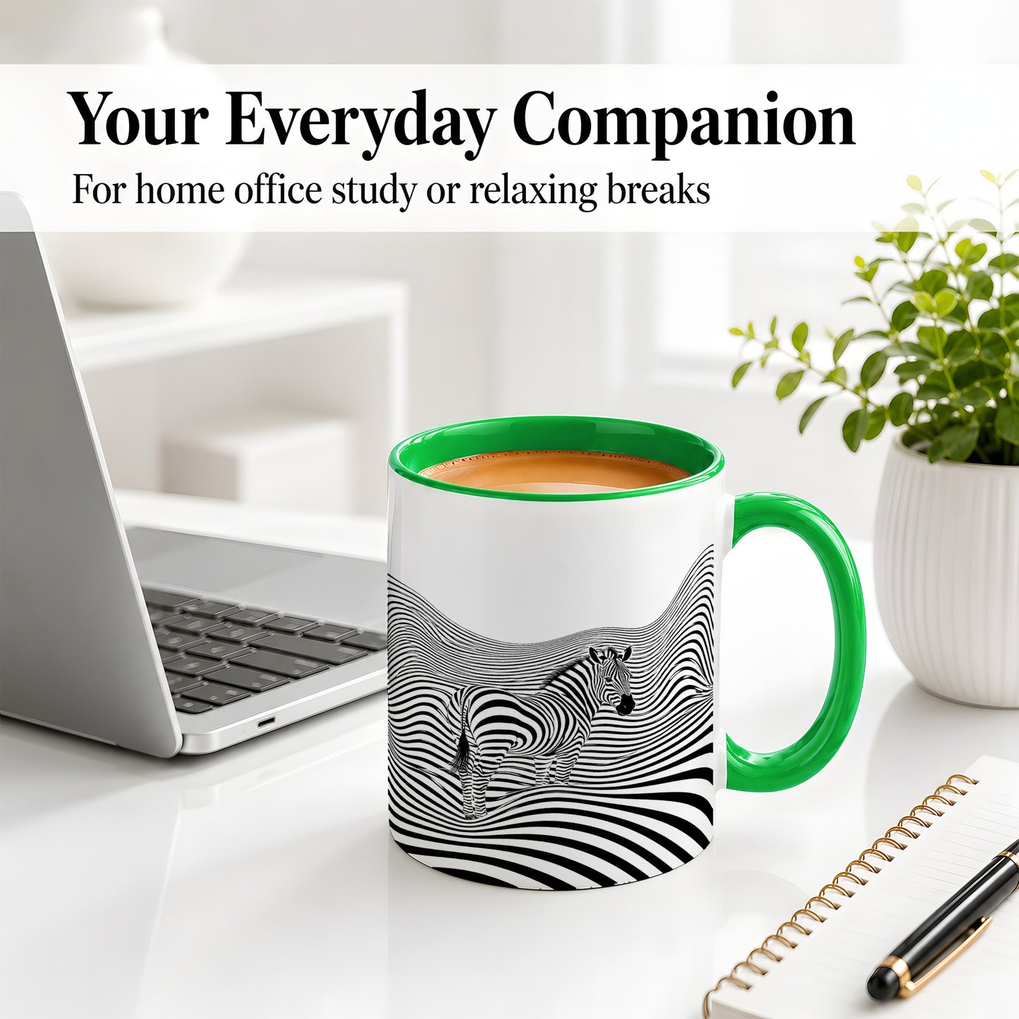#pl[11oz|Green] Optical Zebra Ceramic Mug, Black White Wave Art for Animal Lovers