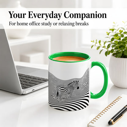 #pl[11oz|Green] Optical Zebra Ceramic Mug, Black White Wave Art for Animal Lovers