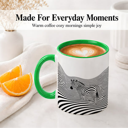 #pl[11oz|Green] Optical Zebra Ceramic Mug, Black White Wave Art for Animal Lovers
