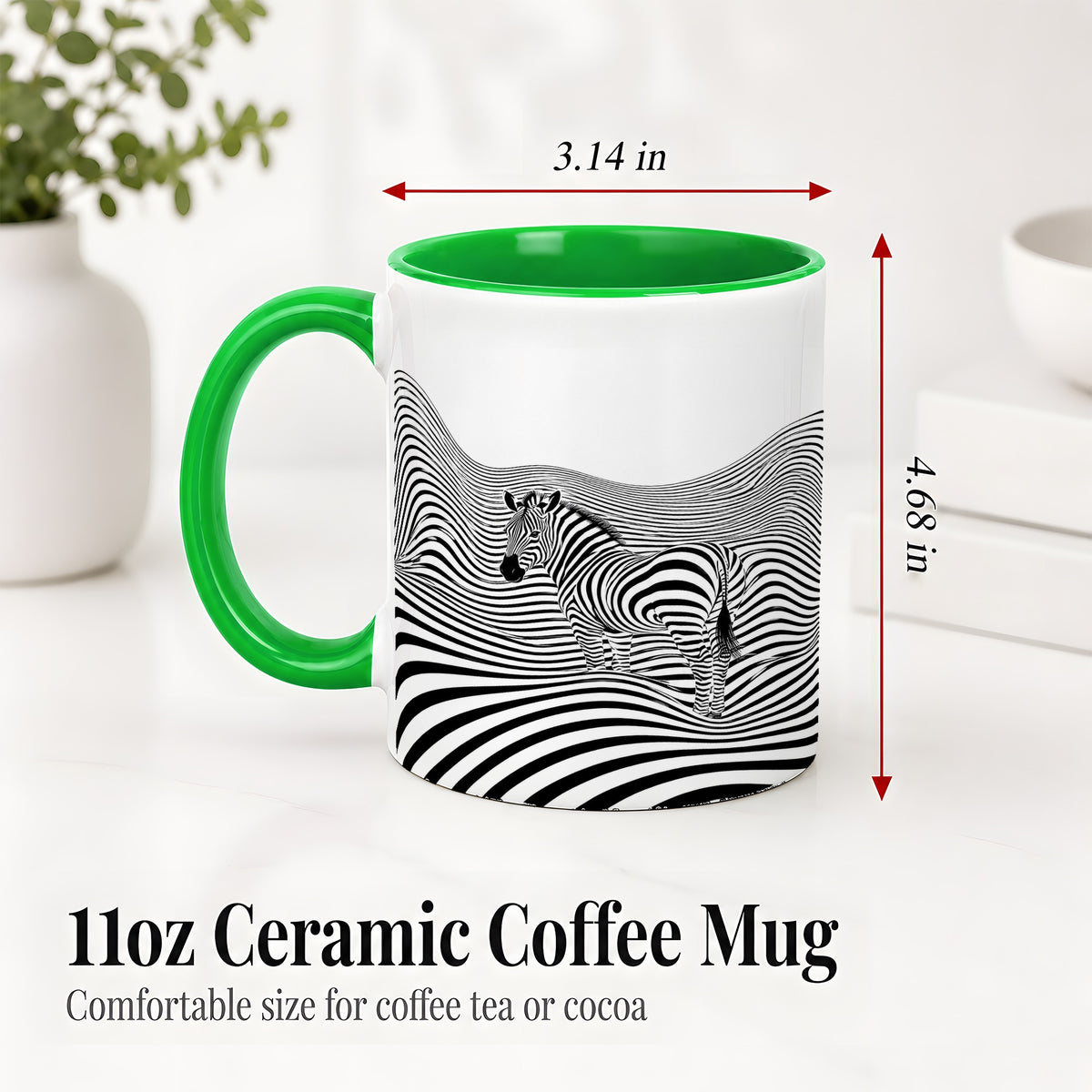 #pl[11oz|Green] Optical Zebra Ceramic Mug, Black White Wave Art for Animal Lovers