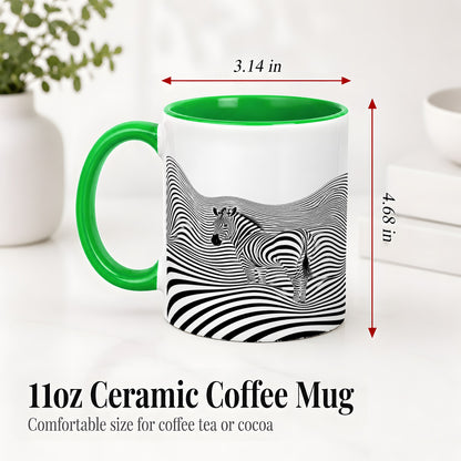 #pl[11oz|Green] Optical Zebra Ceramic Mug, Black White Wave Art for Animal Lovers
