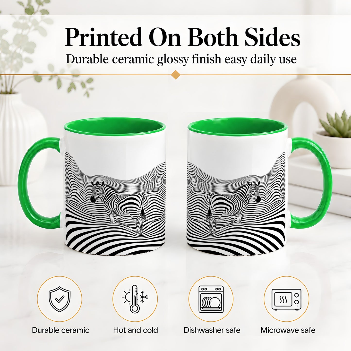 #pl[11oz|Green] Optical Zebra Ceramic Mug, Black White Wave Art for Animal Lovers