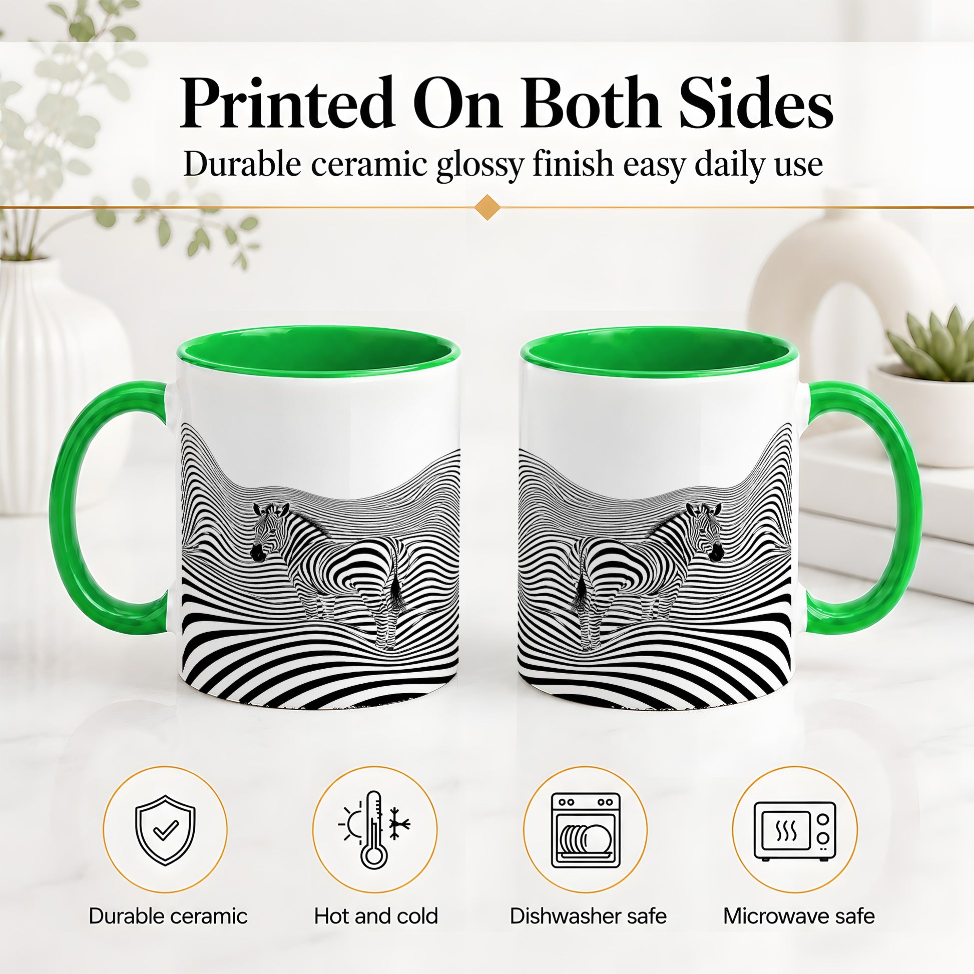 #pl[11oz|Green] Optical Zebra Ceramic Mug, Black White Wave Art for Animal Lovers