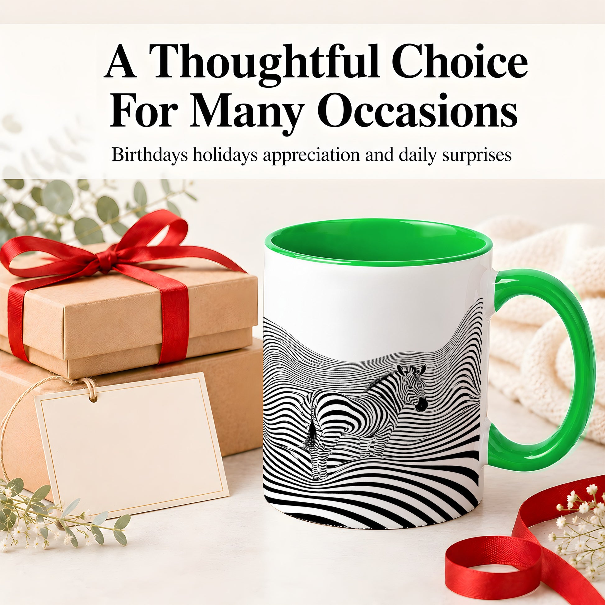 #pl[11oz|Green] Optical Zebra Ceramic Mug, Black White Wave Art for Animal Lovers