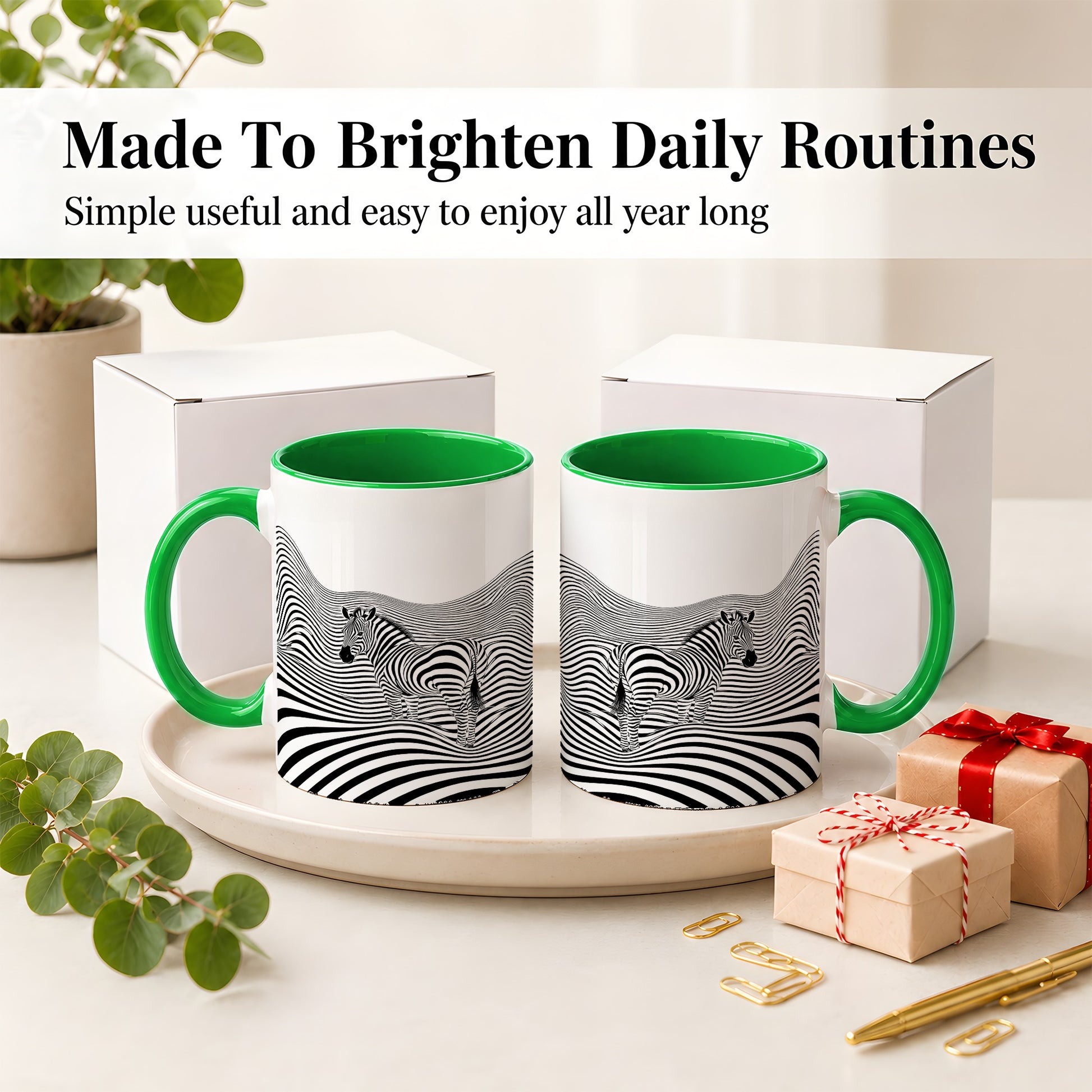 #pl[11oz|Green] Optical Zebra Ceramic Mug, Black White Wave Art for Animal Lovers