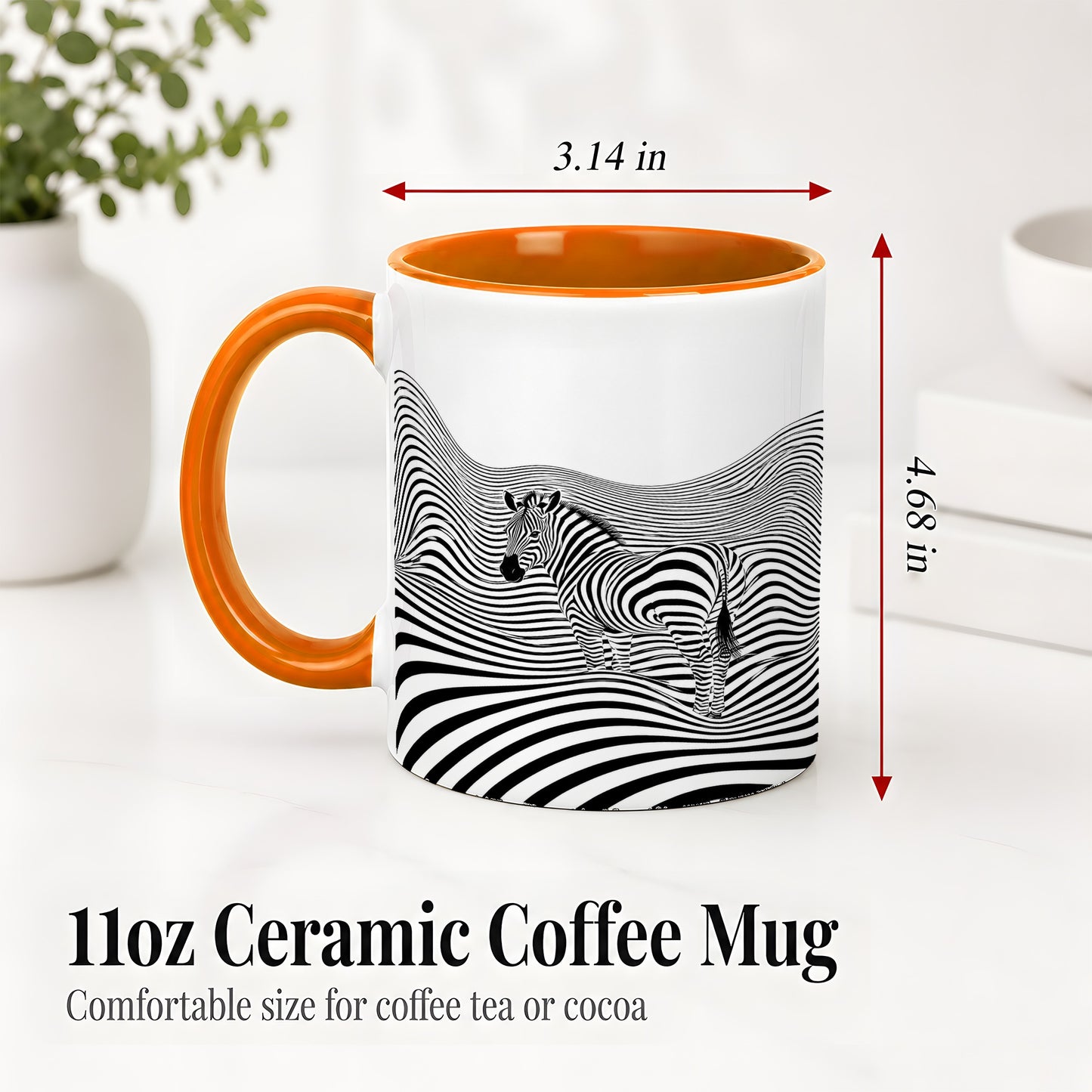 #pl[11oz|Orange] Optical Zebra Ceramic Mug, Black White Wave Art for Animal Lovers