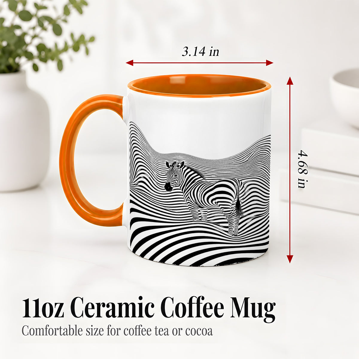 #pl[11oz|Orange] Optical Zebra Ceramic Mug, Black White Wave Art for Animal Lovers