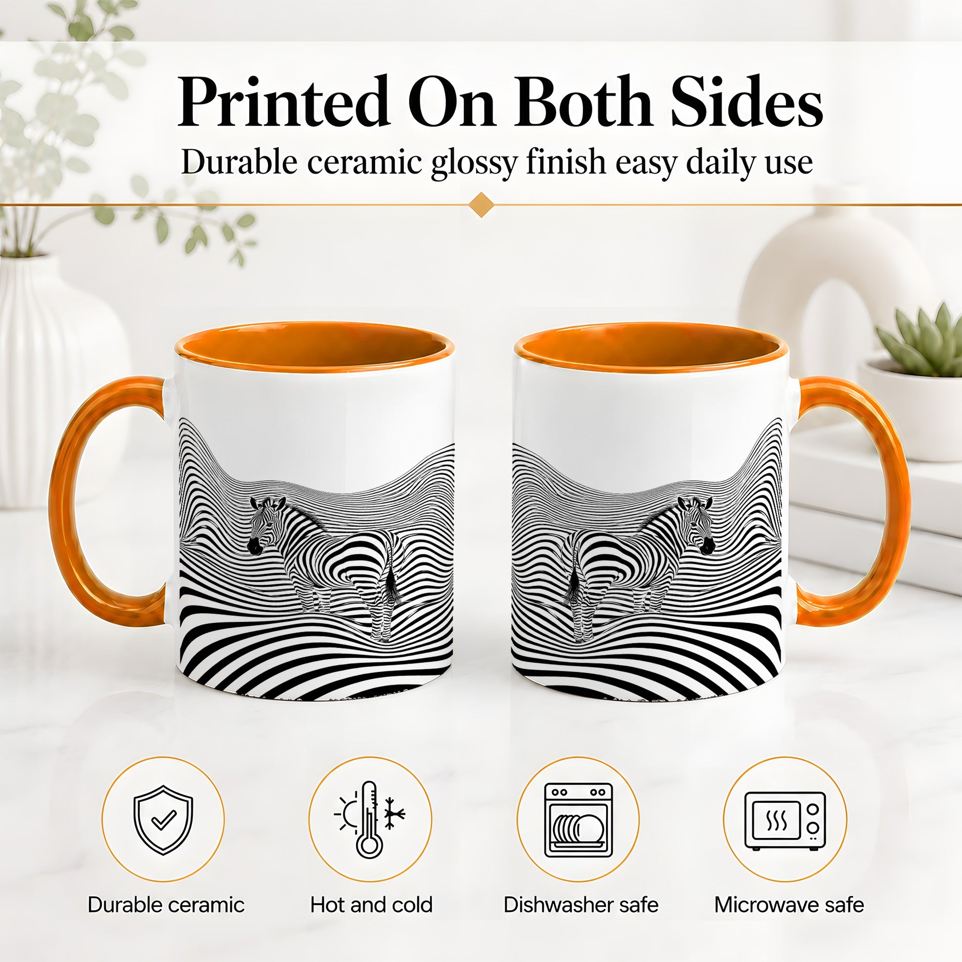 #pl[11oz|Orange] Optical Zebra Ceramic Mug, Black White Wave Art for Animal Lovers