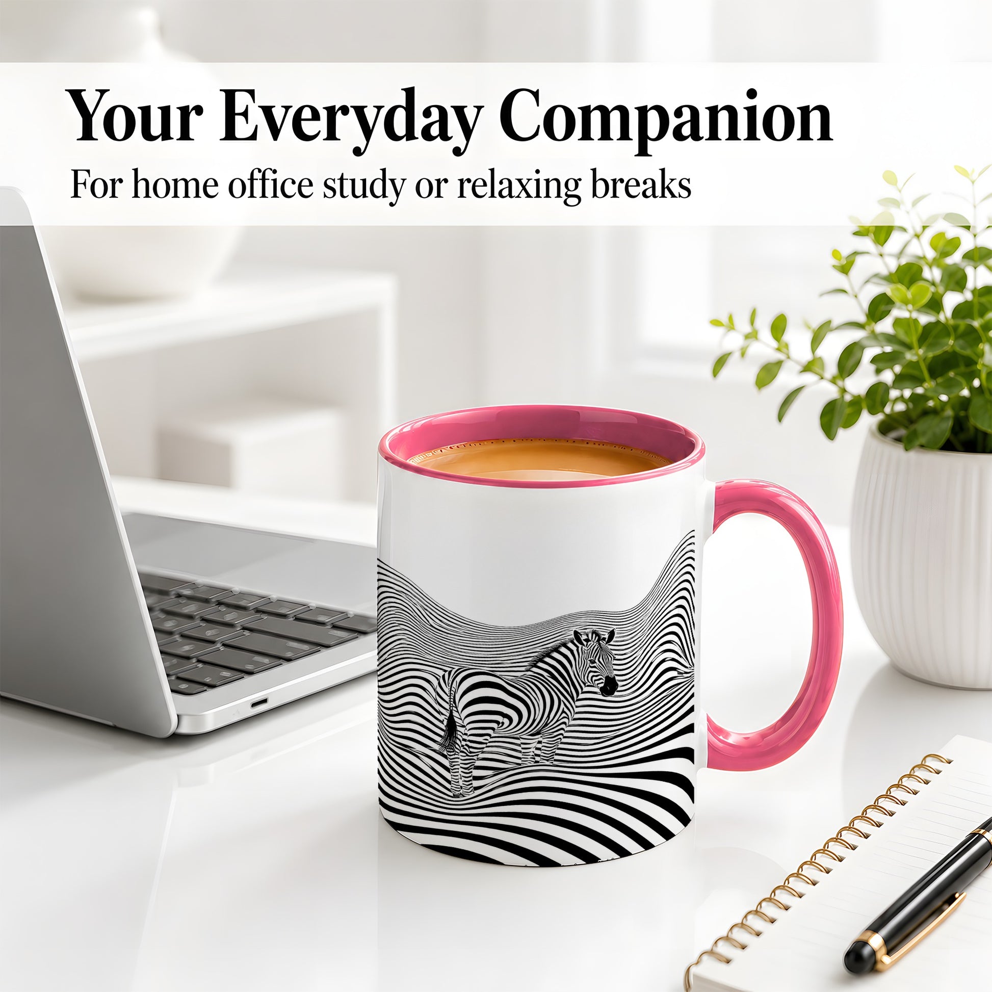 #pl[11oz|Pink] Optical Zebra Ceramic Mug, Black White Wave Art for Animal Lovers
