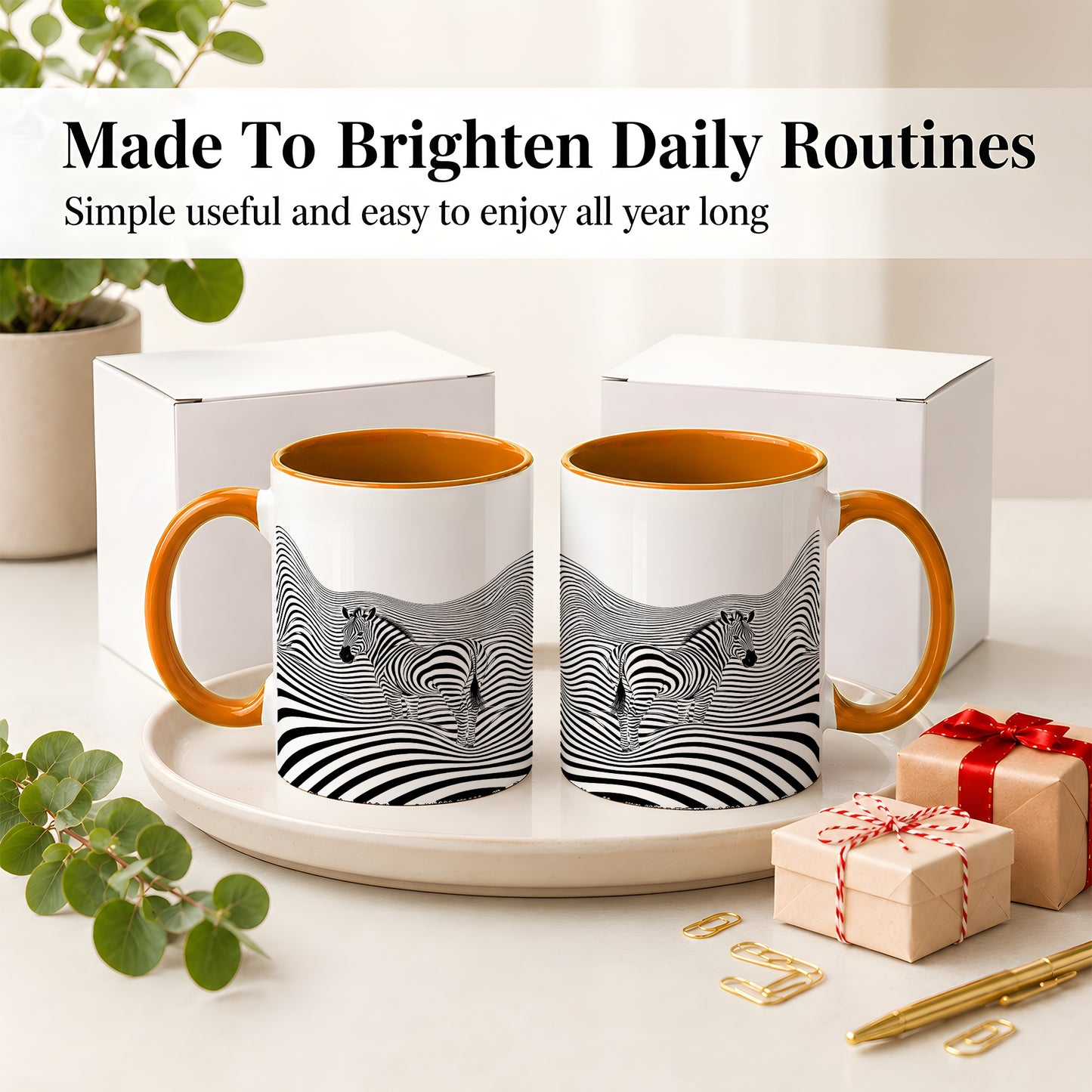 #pl[11oz|Orange] Optical Zebra Ceramic Mug, Black White Wave Art for Animal Lovers