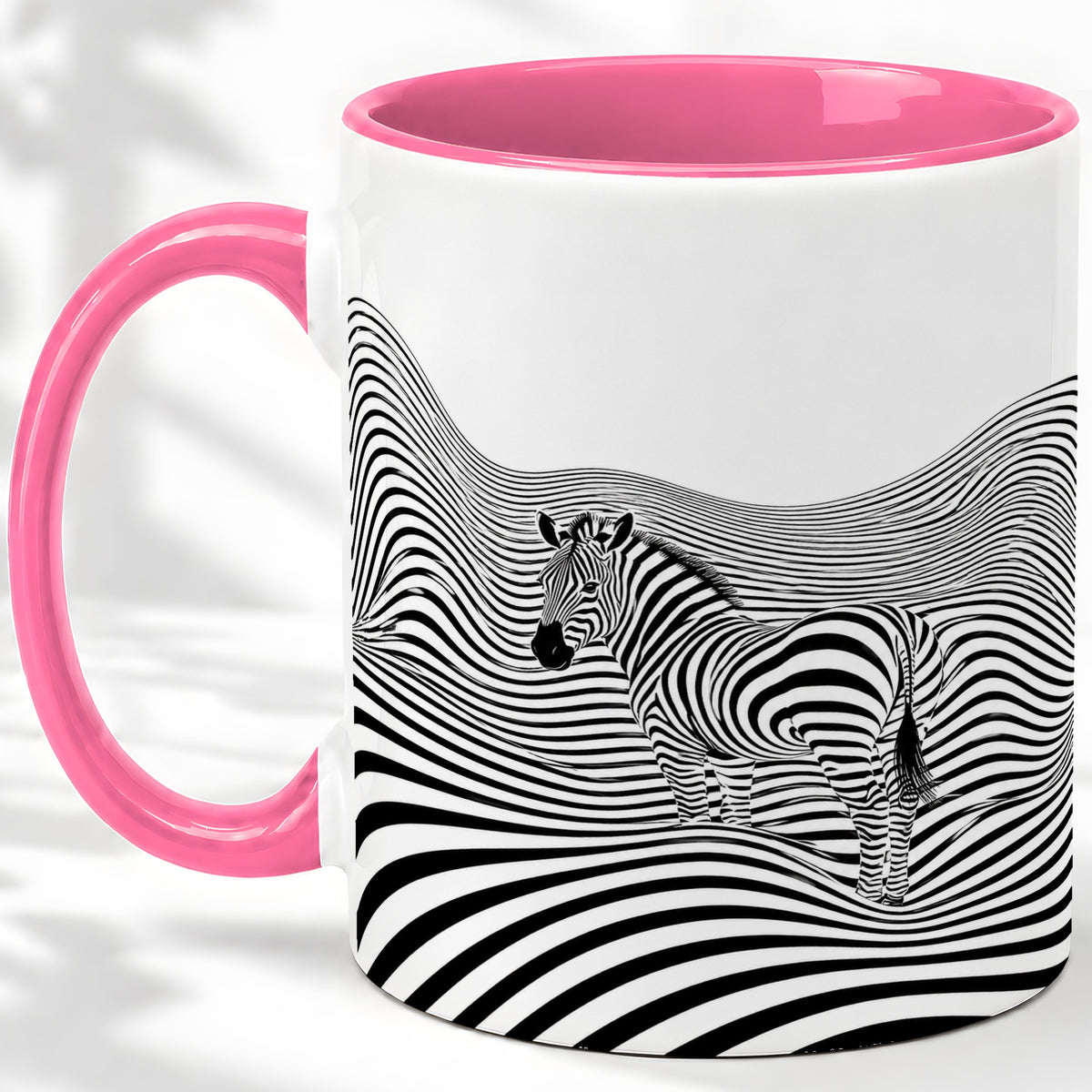 #pl[11oz|Pink] Optical Zebra Ceramic Mug, Black White Wave Art for Animal Lovers