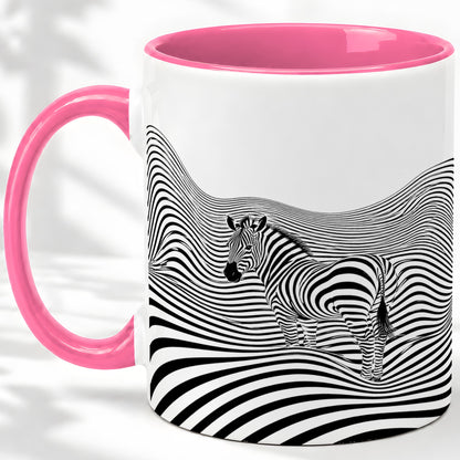 #pl[11oz|Pink] Optical Zebra Ceramic Mug, Black White Wave Art for Animal Lovers