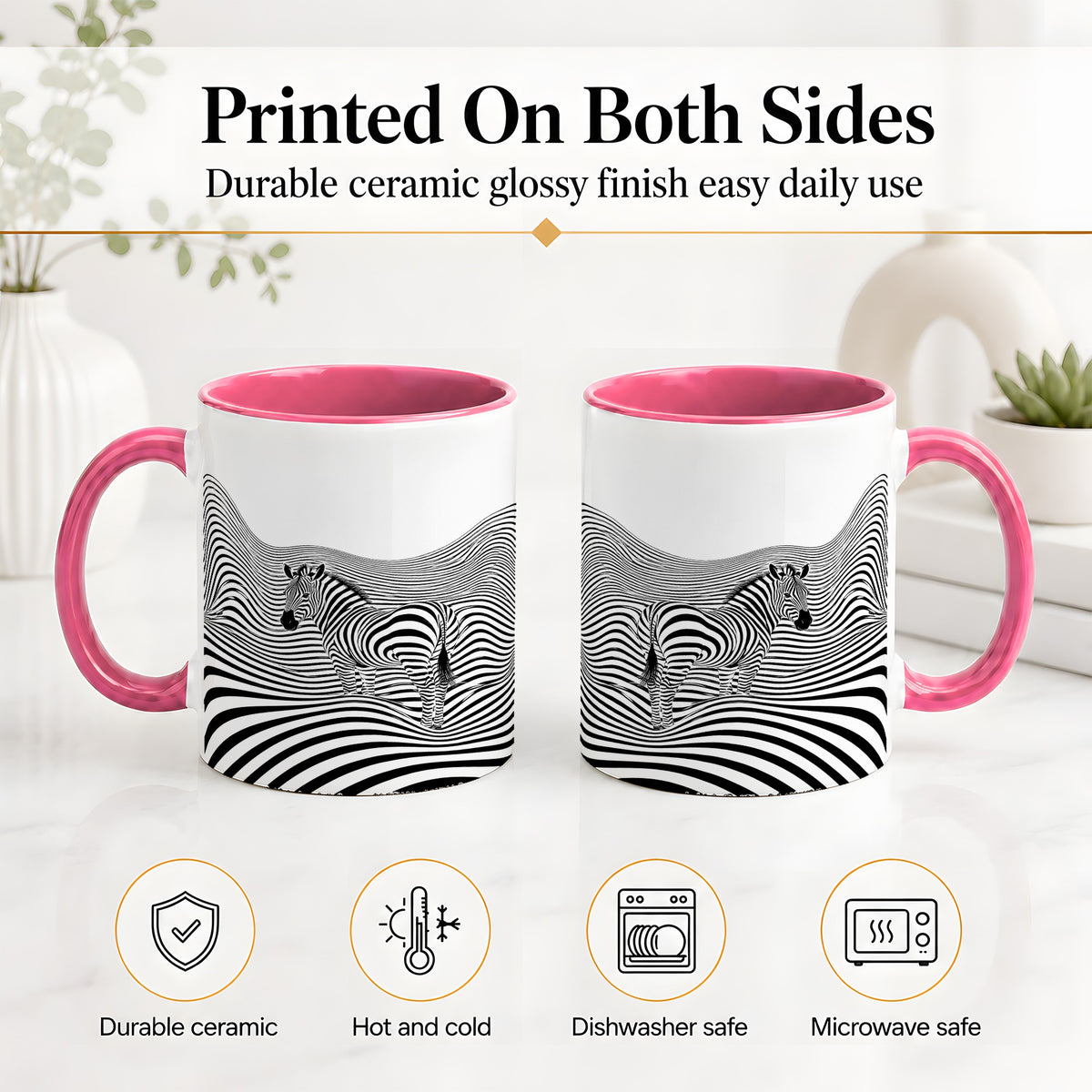 #pl[11oz|Pink] Optical Zebra Ceramic Mug, Black White Wave Art for Animal Lovers