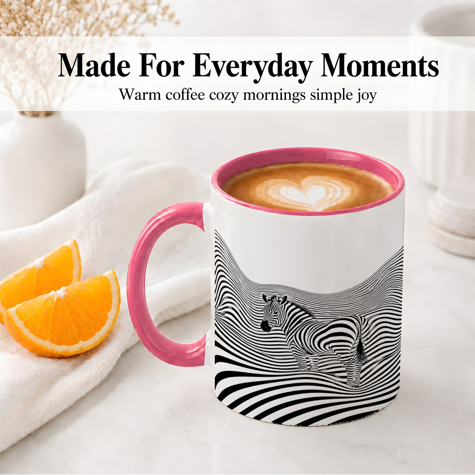 #pl[11oz|Pink] Optical Zebra Ceramic Mug, Black White Wave Art for Animal Lovers