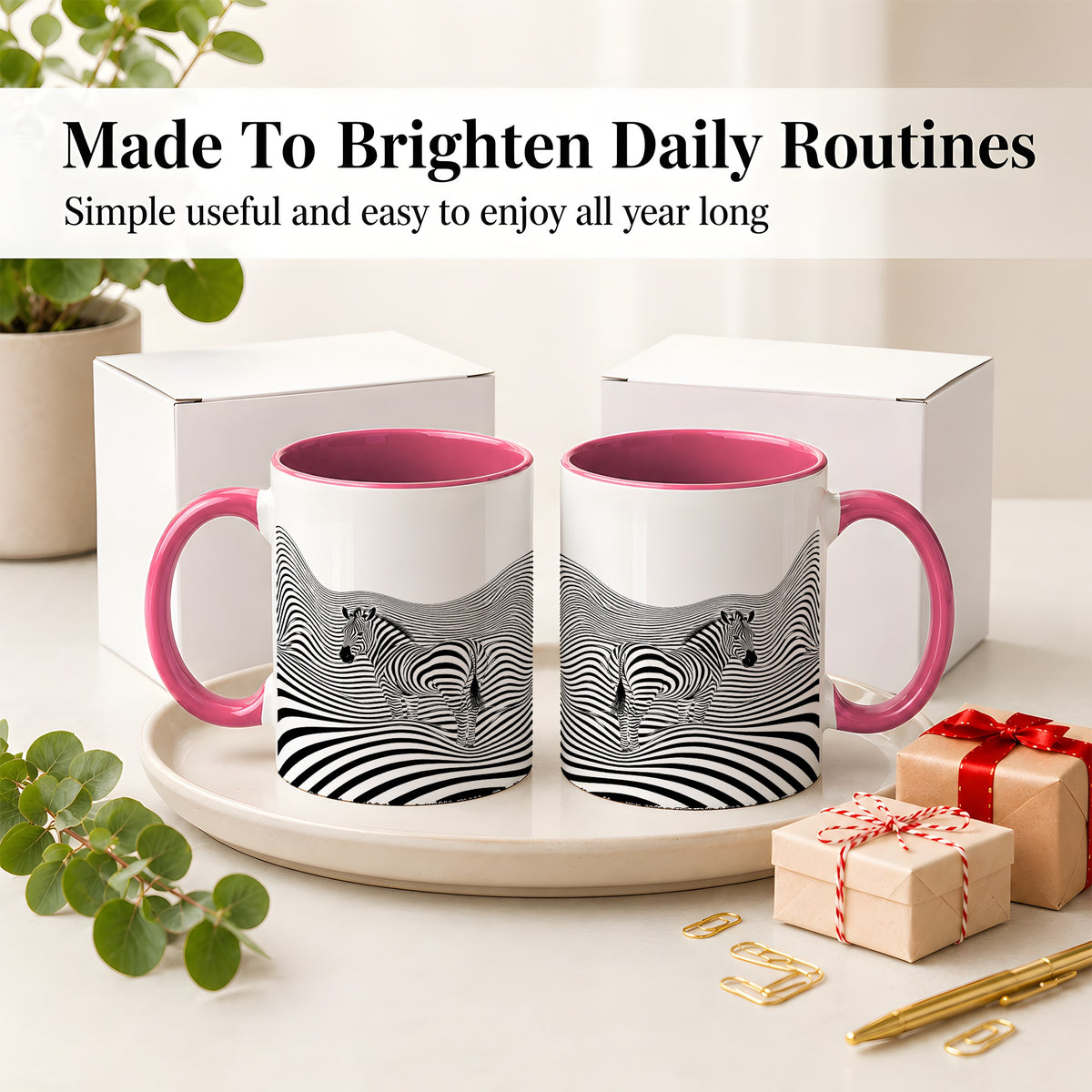 #pl[11oz|Pink] Optical Zebra Ceramic Mug, Black White Wave Art for Animal Lovers