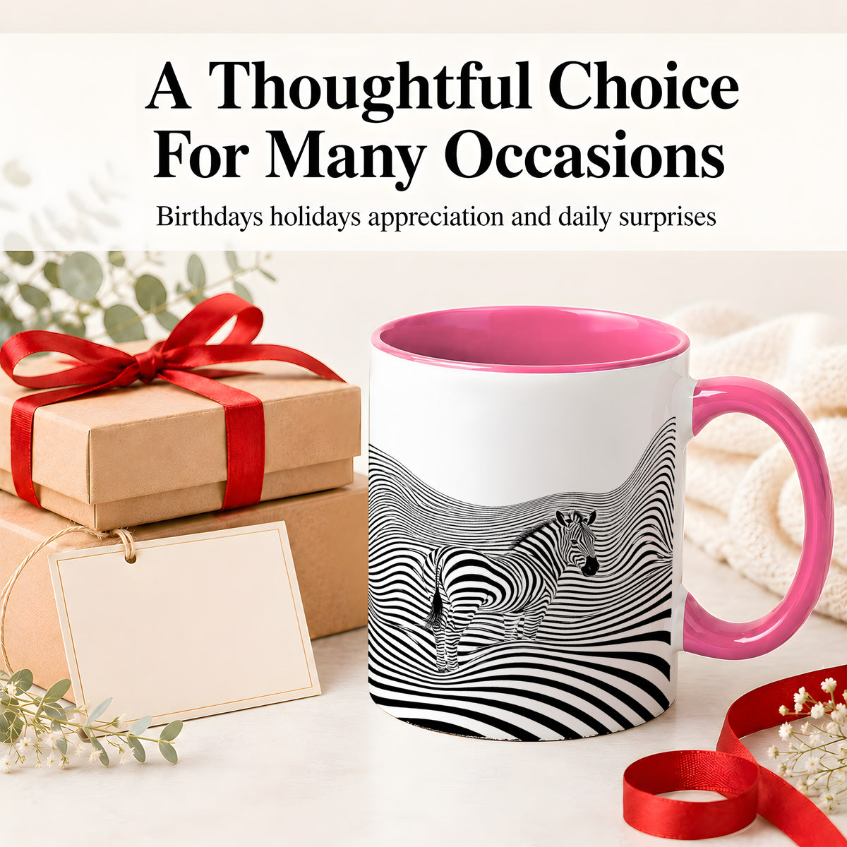 #pl[11oz|Pink] Optical Zebra Ceramic Mug, Black White Wave Art for Animal Lovers