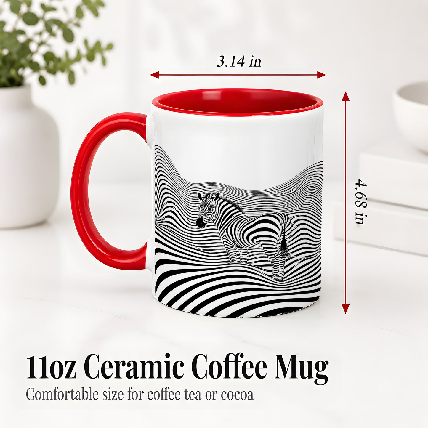 #pl[11oz|Red] Optical Zebra Ceramic Mug, Black White Wave Art for Animal Lovers