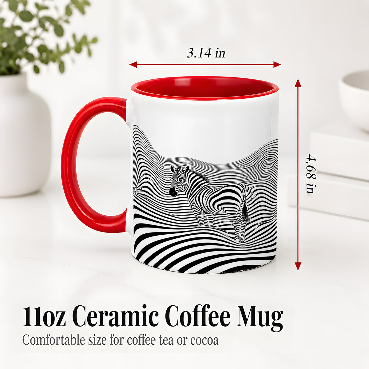 #pl[11oz|Red] Optical Zebra Ceramic Mug, Black White Wave Art for Animal Lovers