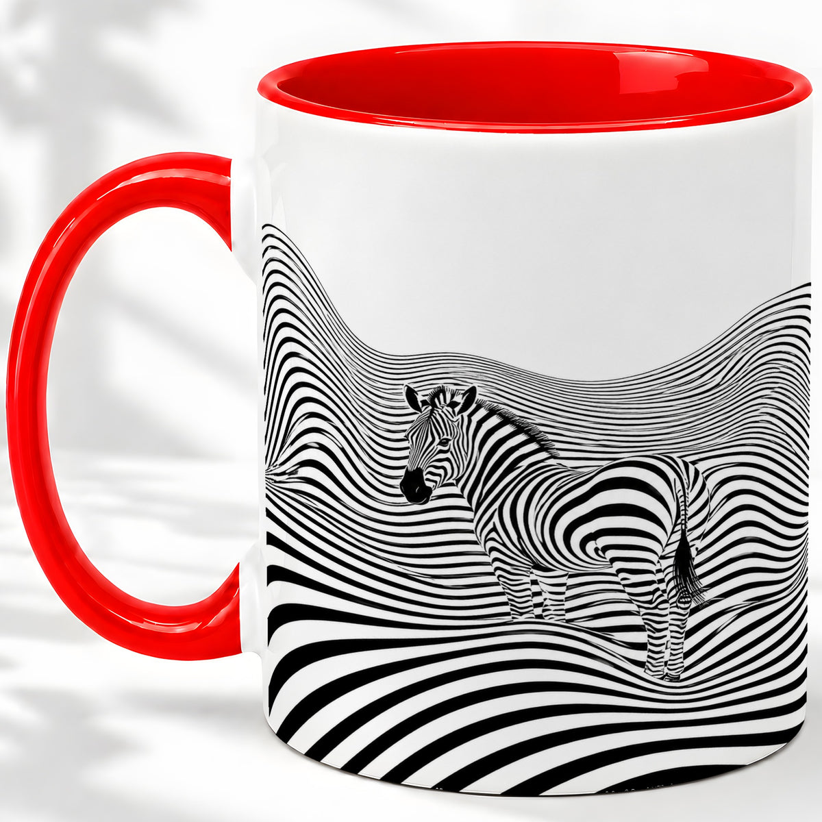 Optical Zebra Ceramic Mug, Black White Wave Art for Animal Lovers