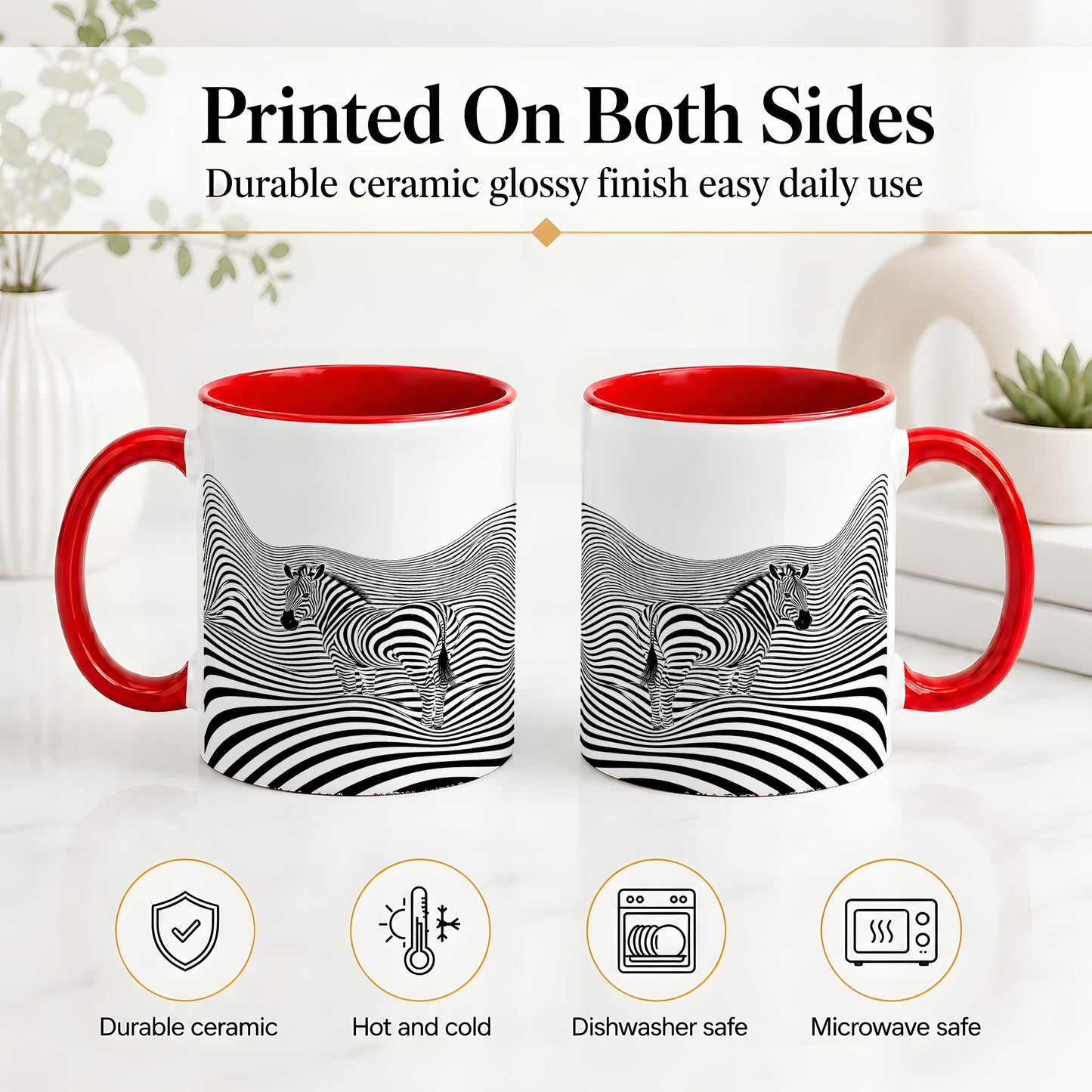 #pl[11oz|Red] Optical Zebra Ceramic Mug, Black White Wave Art for Animal Lovers