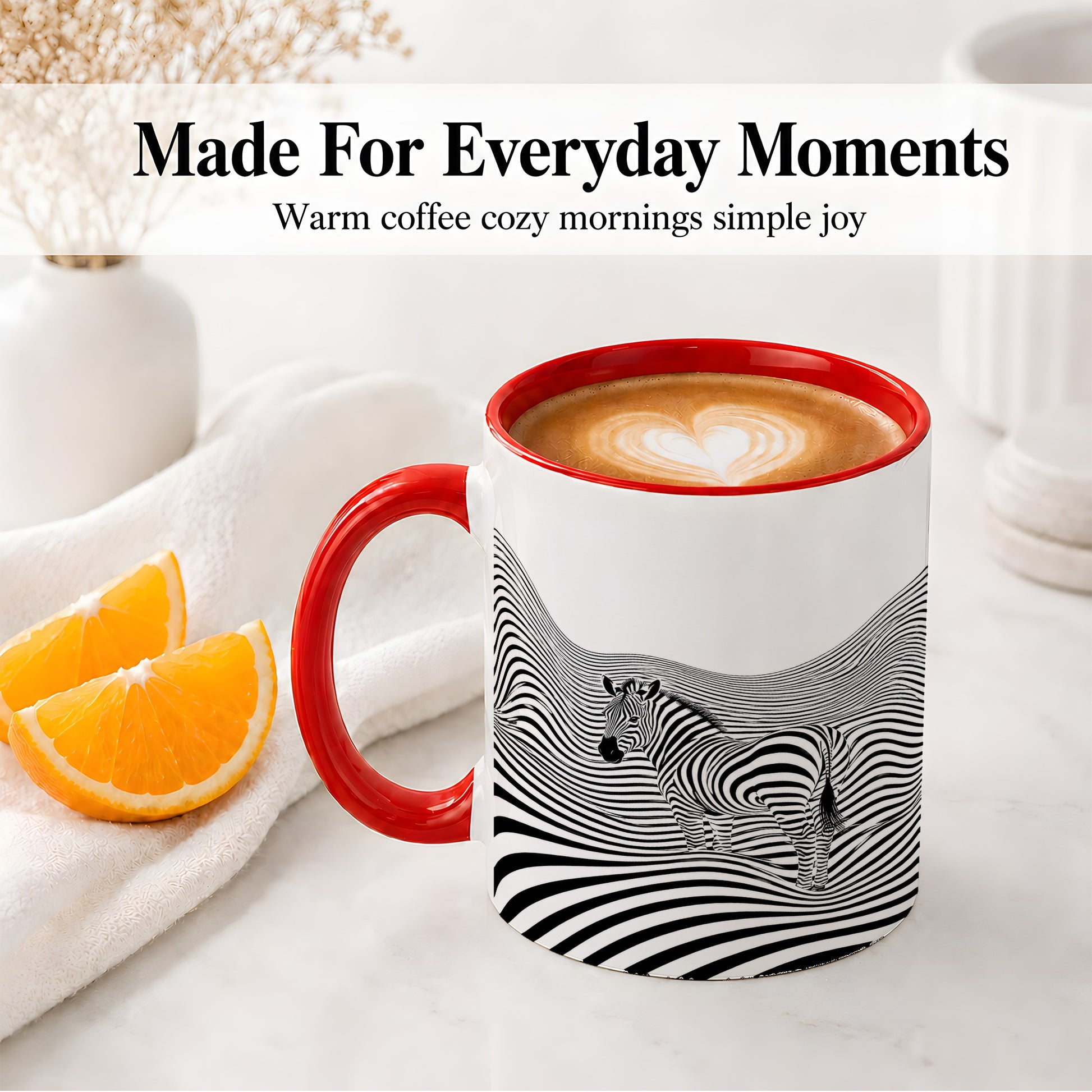 #pl[11oz|Red] Optical Zebra Ceramic Mug, Black White Wave Art for Animal Lovers