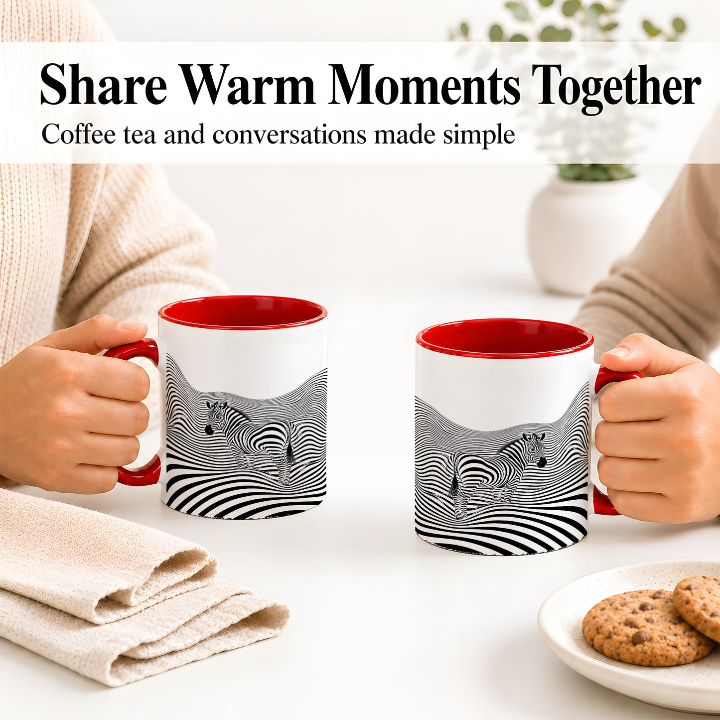 #pl[11oz|Red] Optical Zebra Ceramic Mug, Black White Wave Art for Animal Lovers